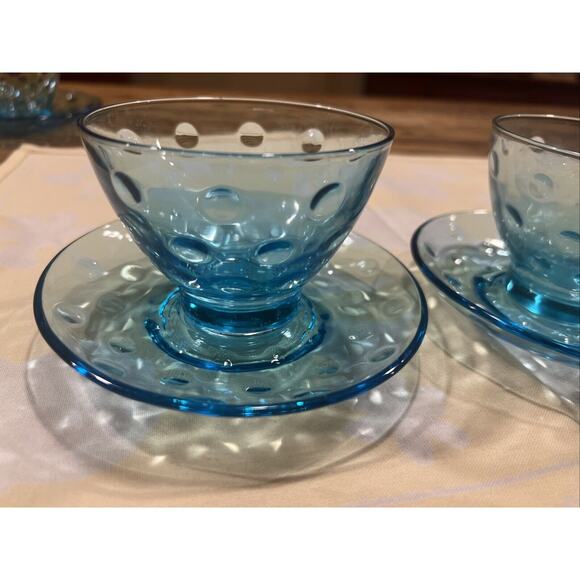 10 Pc 1950s Hazel Atlas Capri Dots Azure Blue Whisky Glasses Cups Saucers Custar - Picture 5 of 15